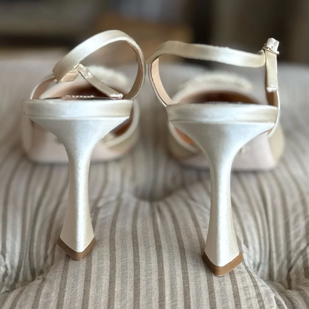 Badgley Mischka Ivory Satin Slingback Pumps with Crystal Buckle - Picture 8 of 12